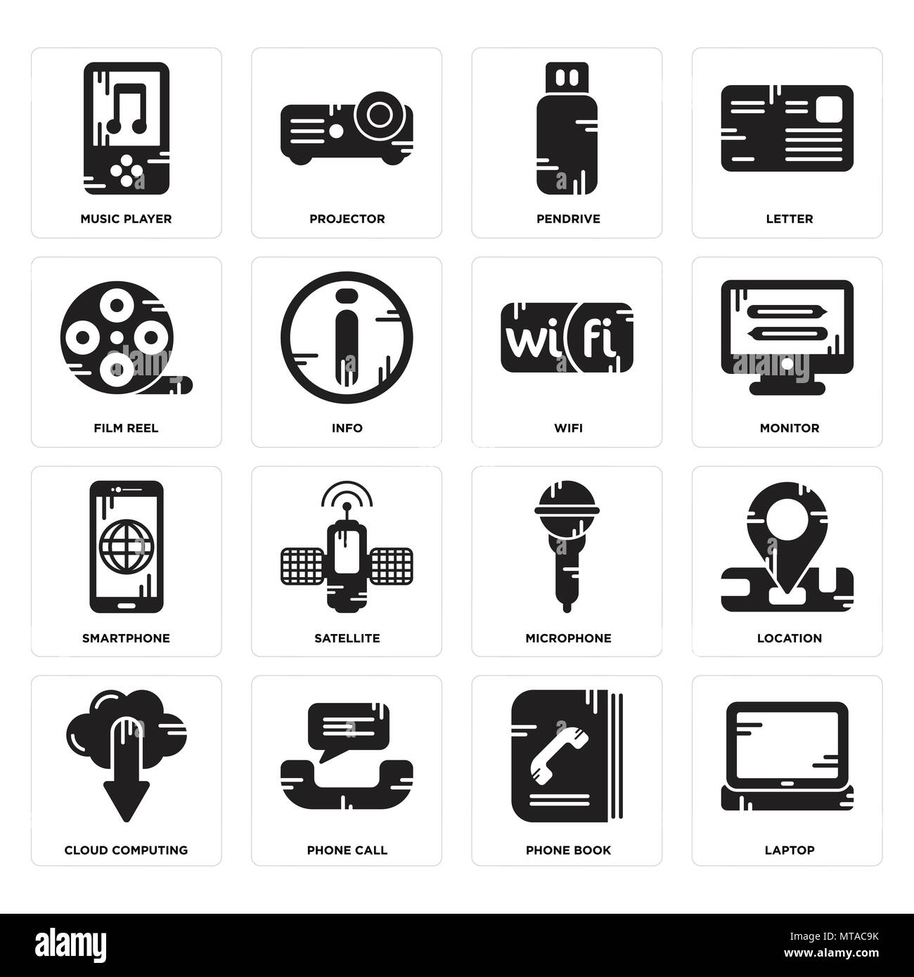 Set Of 16 simple editable icons such as Laptop, Phone book, call, Cloud computing, Location, Music player, Film reel, Smartphone, Wifi can be used for Stock Vector