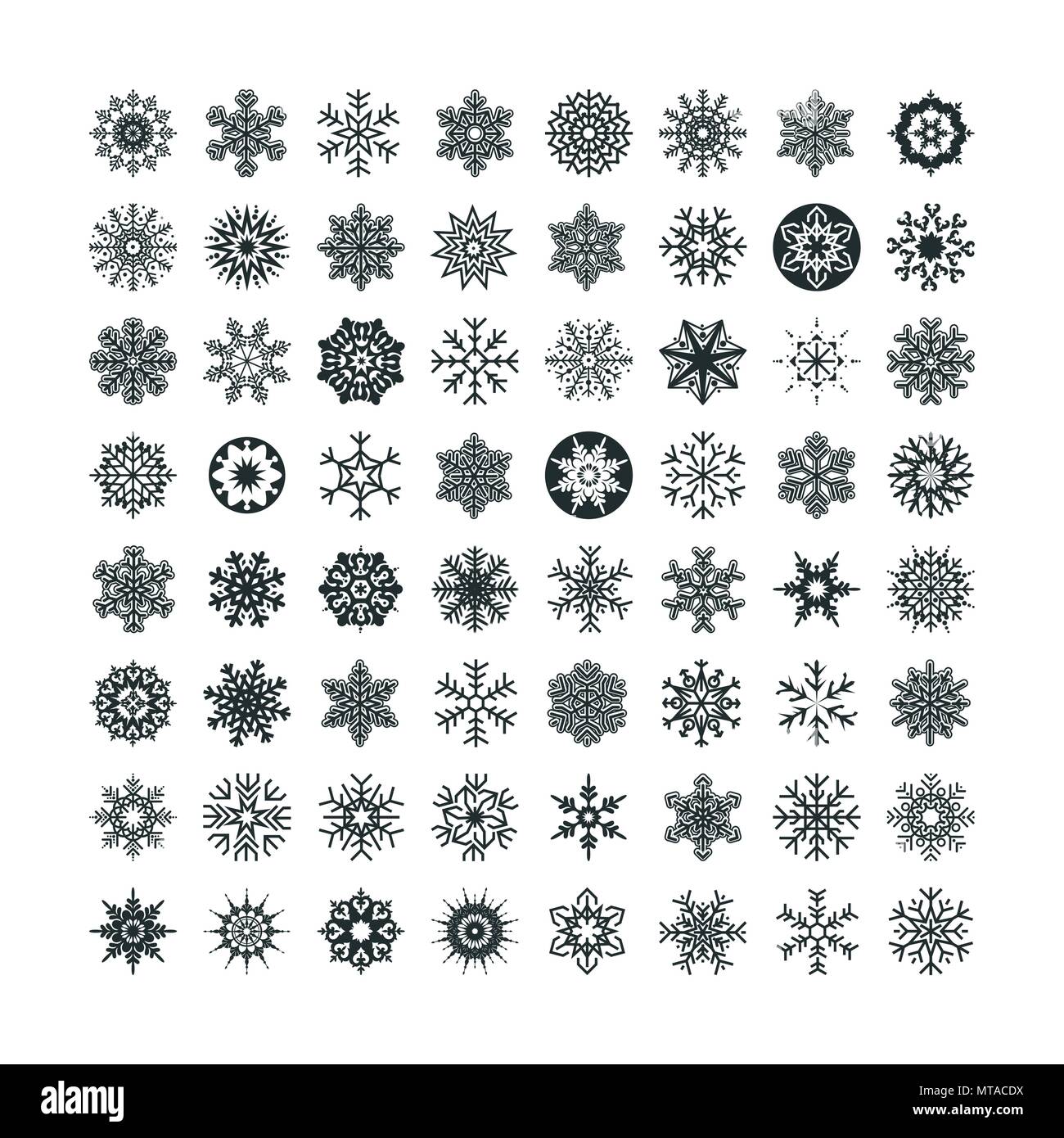 Collection of black snowflakes on a white background, vector ...
