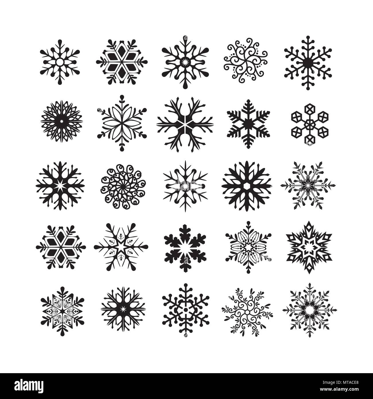 Collection of black snowflakes on a white background, vector ...