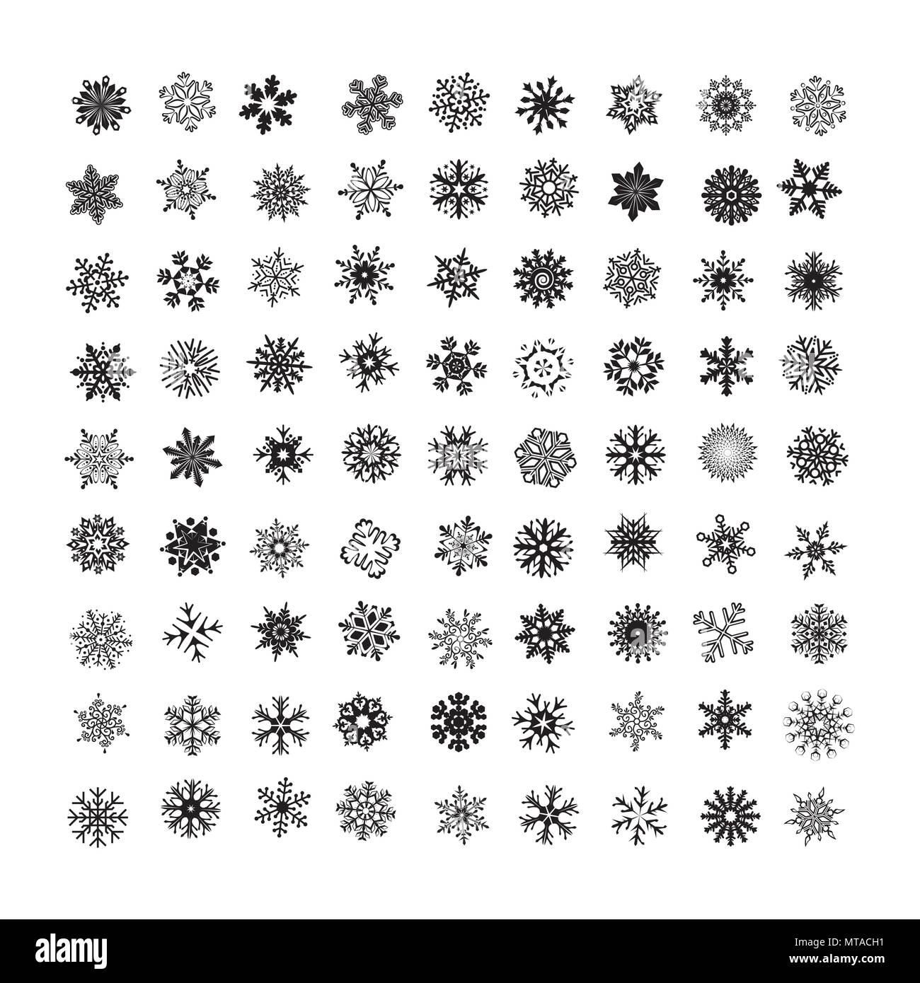 Collection of black snowflakes on a white background, vector ...