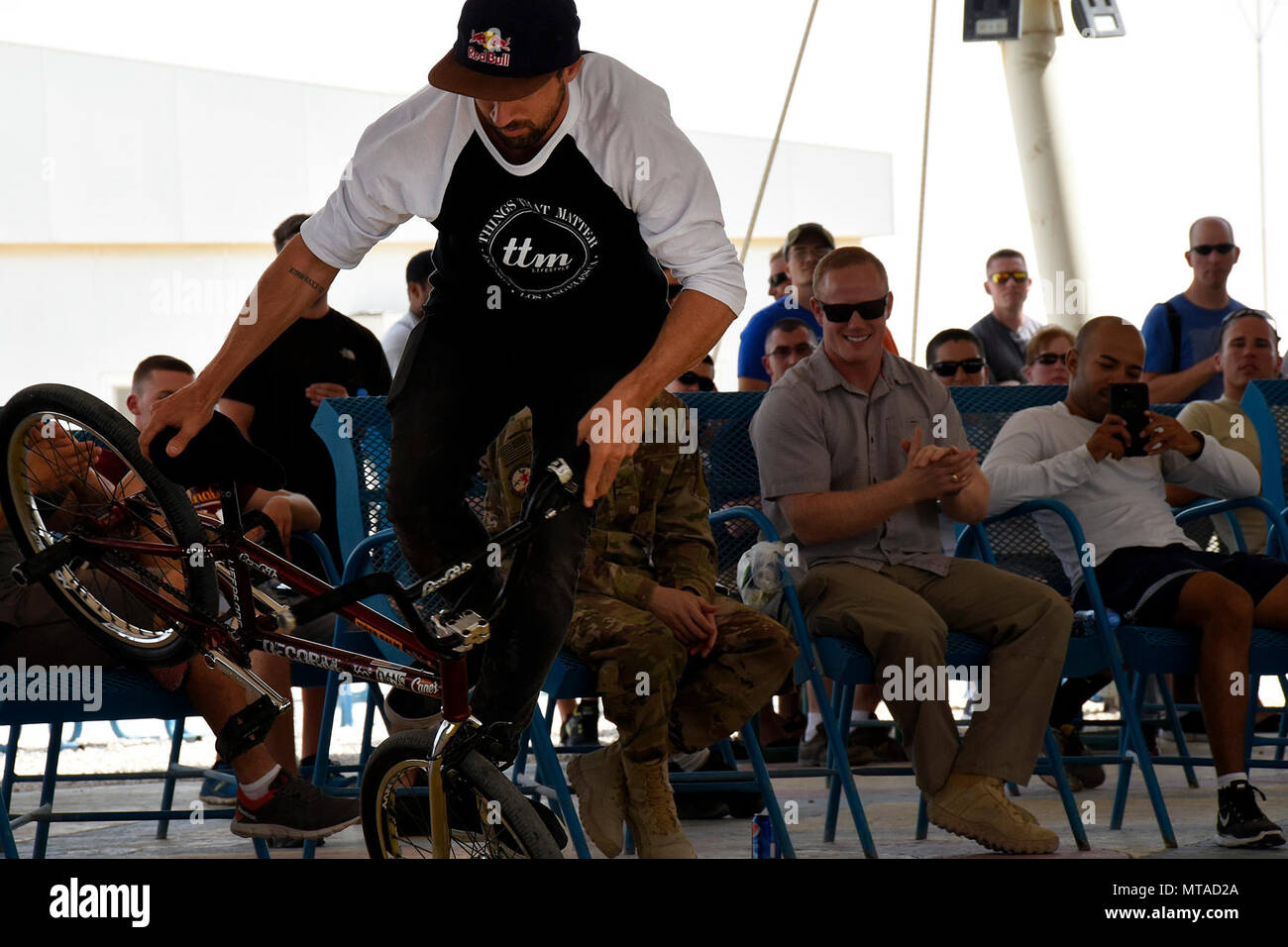 Terry Adams, a Bikes Over Baghdad BMX rider, preforms a trick at Al Udeid Air Base, Qatar, April