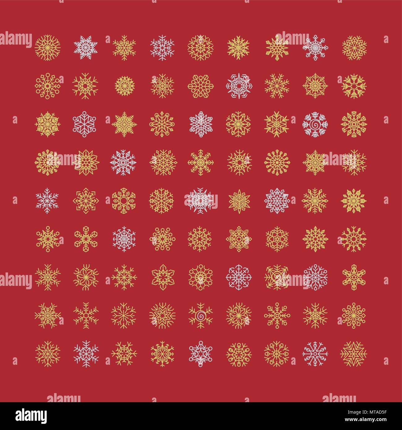 Set of snowflakes line icons on red background. Collection graphic art ...