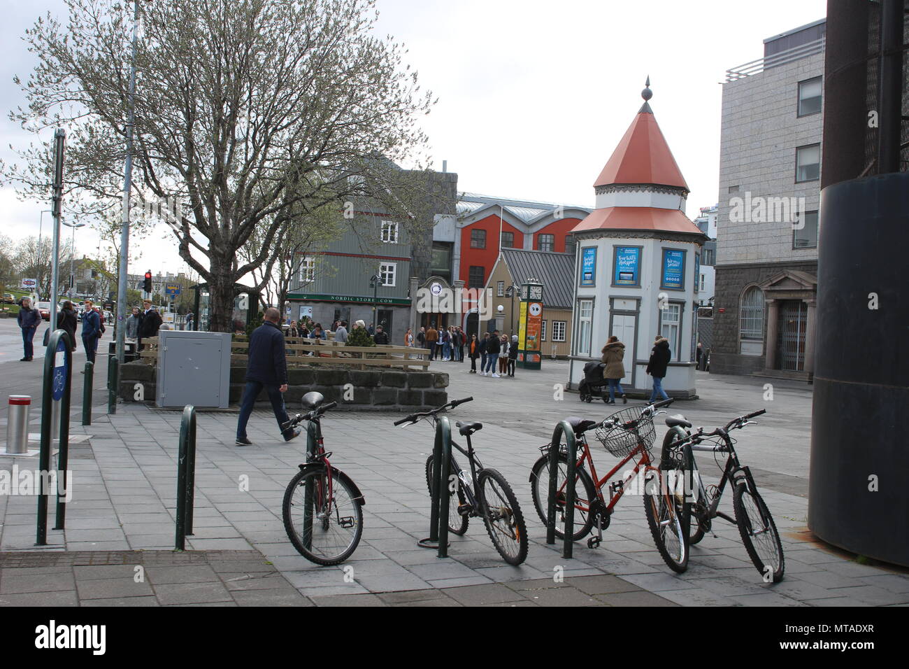 Reykjavik Iceland, May 13 2018: Bikes neaty lined up in a shopping district in the city. Reykjavik is a very walking or cycling friendly city. Stock Photo