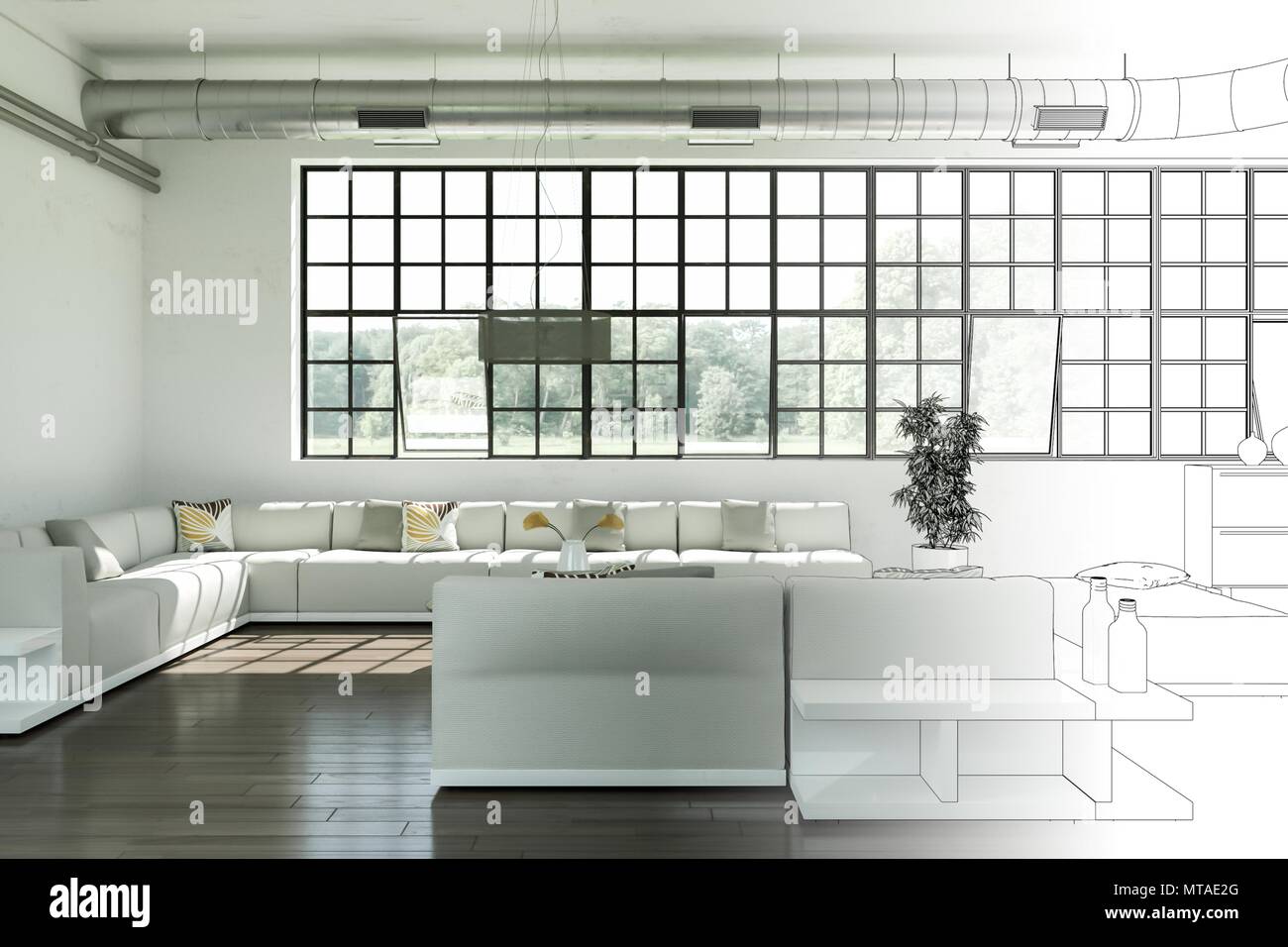 Interior Design Modern Loft Drawing Gradation Into Photograph Stock