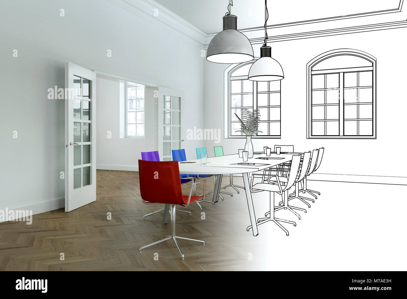 Interior Design Office Drawing Gradation Into Photograph Stock Photo ...