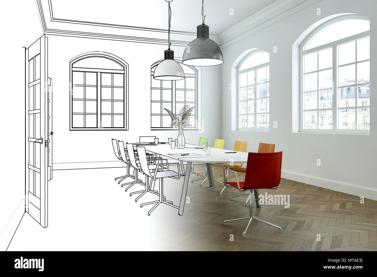 Interior Design Office Drawing Gradation Into Photograph Stock Photo ...