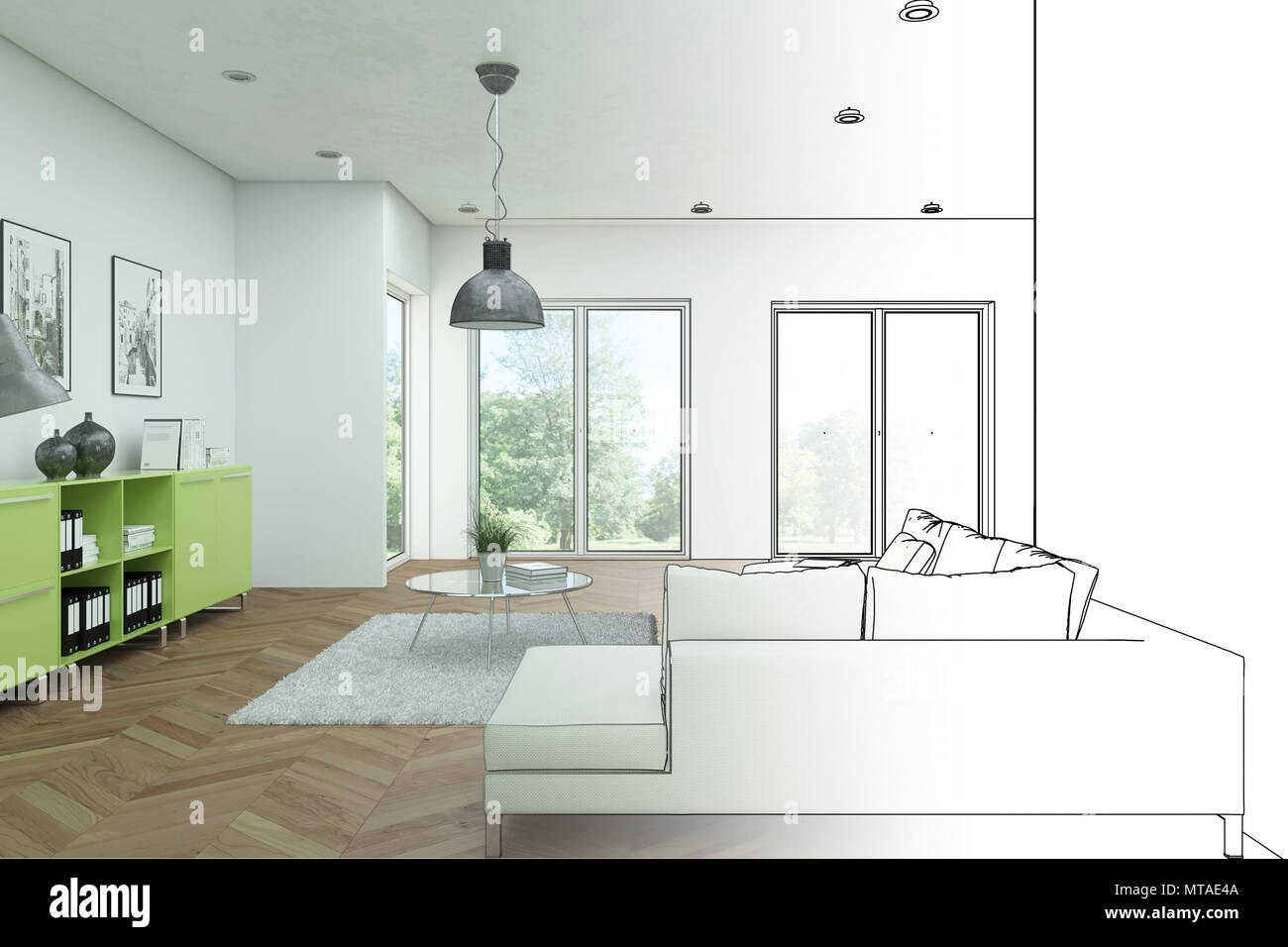 Interior Design Modern Loft Drawing Gradation Into Photograph Stock Photo Alamy