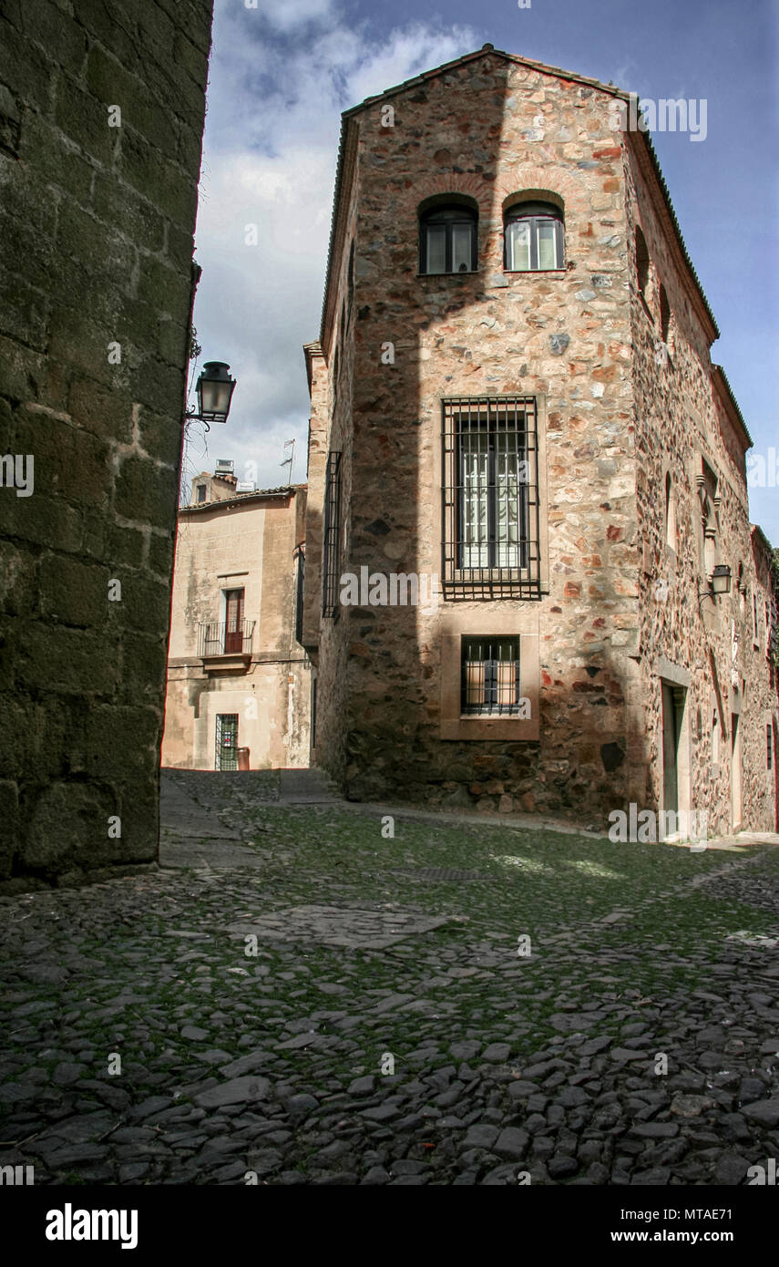 Stone pavement full of green moss at Caceres historic quarter, Spain Stock Photo