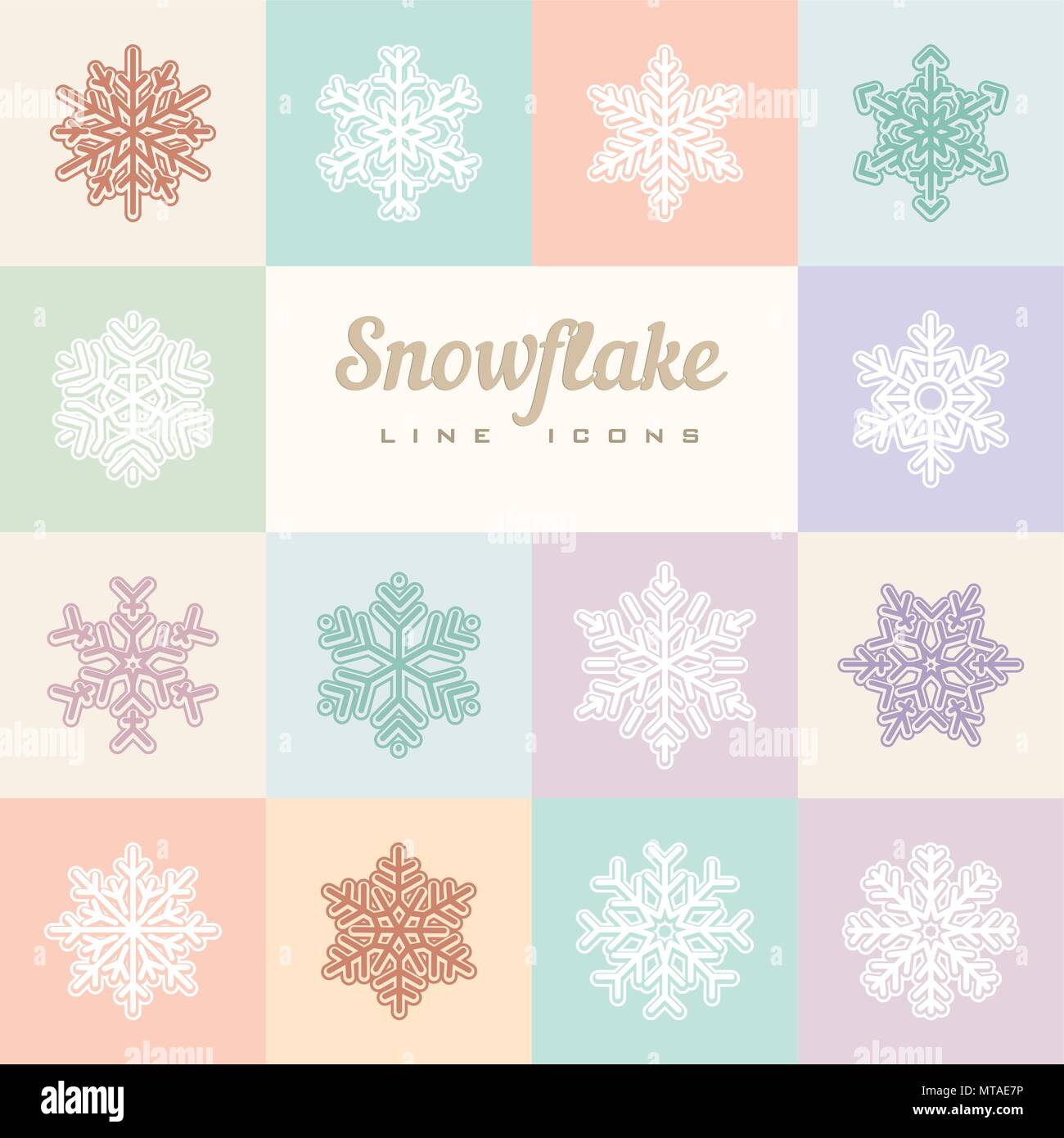 Vector illustration of snowflakes on colored squares. Line icons Stock ...
