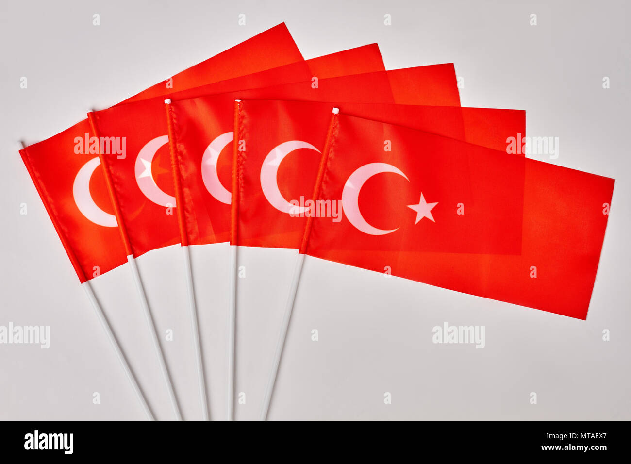 Collection of turkey flags. Turkish flags on white isolated background. Stock Photo
