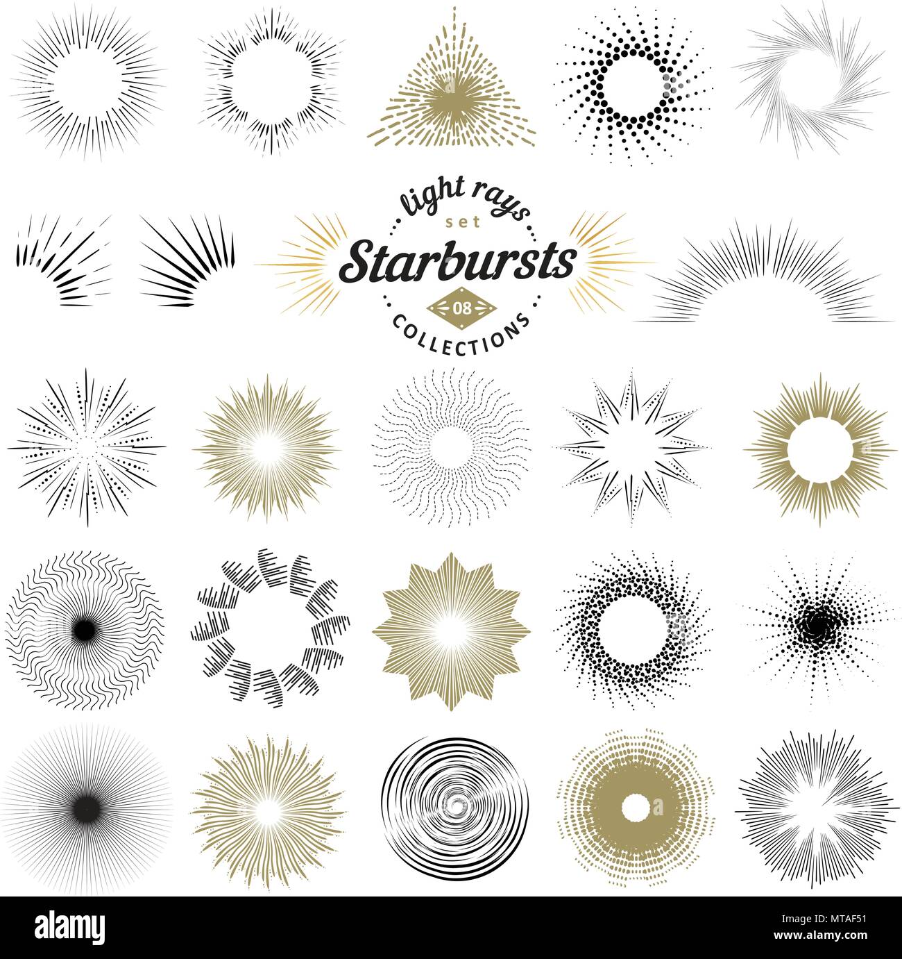 Rays and starburst design elements. Collection of sunburst vintage style elements and icons for label and stickers. Hand drawn sunshine shapes Stock Vector