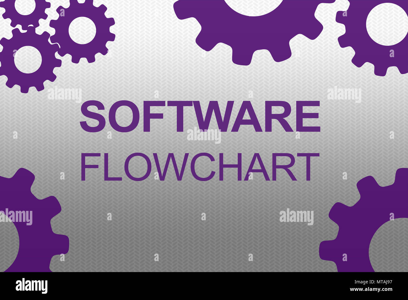 SOFTWARE FLOWCHART sign concept illustration with purple gear wheel figures on gray gradient background Stock Photo