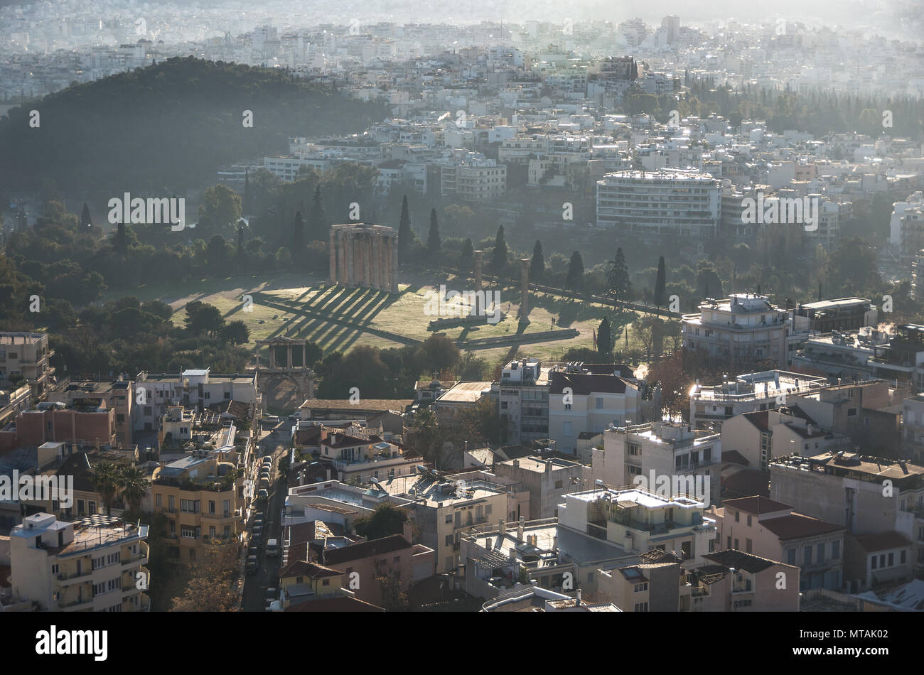 Temple of Olympian Zeus view from Acropolis Hill, Athens, Greece Stock Photo