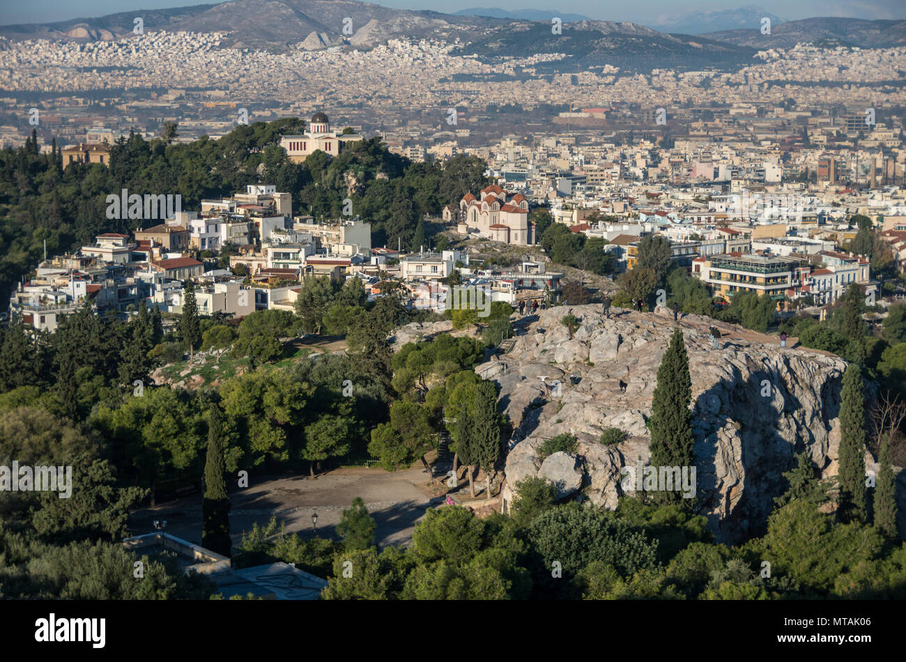 Areopagus (Mars Hill) overlooking National Observatory of Athens, Greece Stock Photo