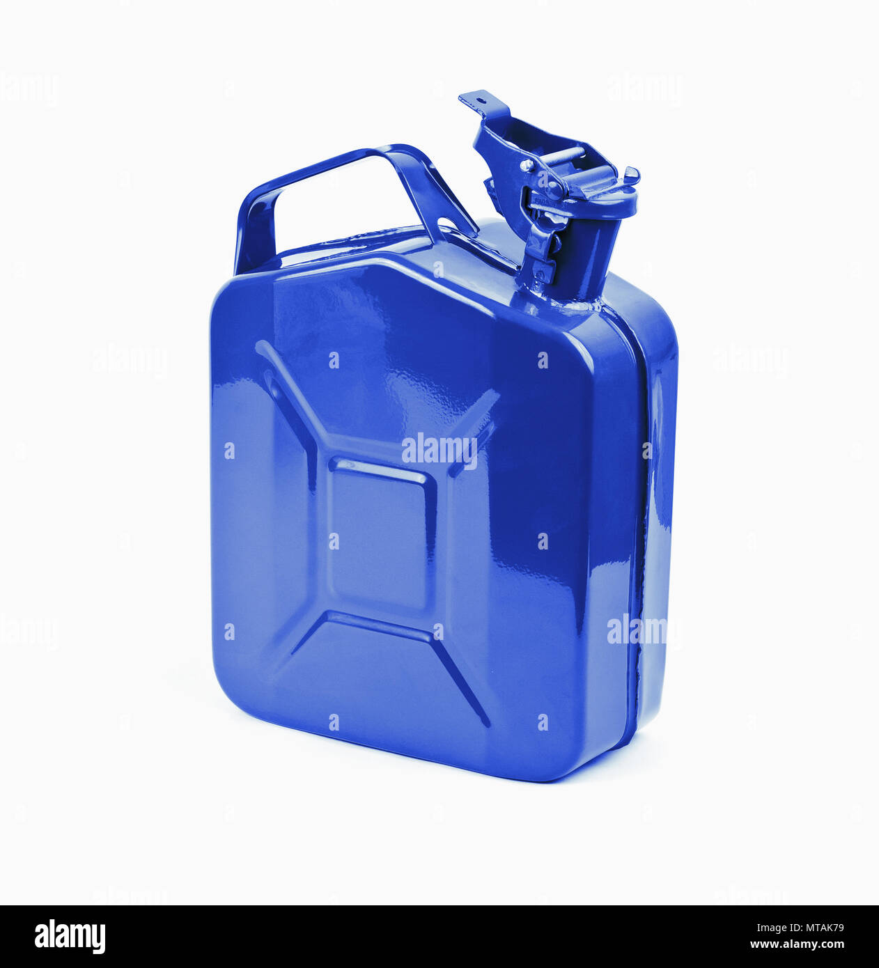 Blue jerrycan on white background. Canister for gasoline, diesel gas