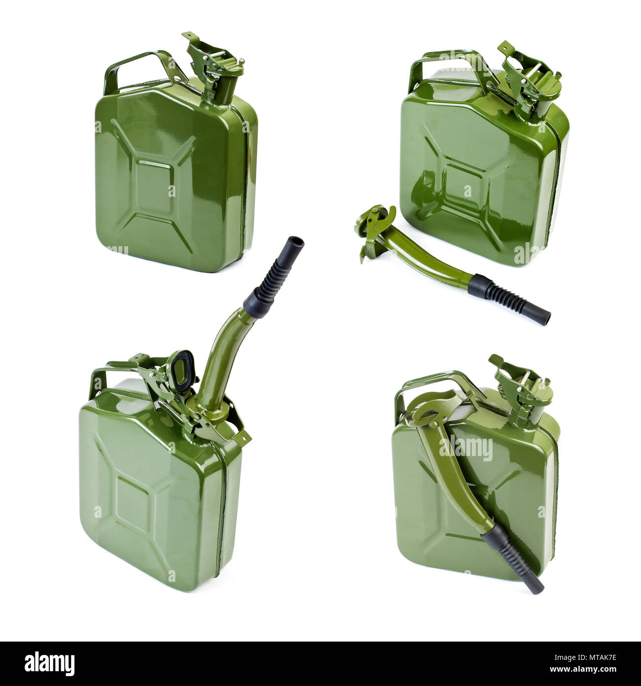 Collection of Jerrycan with flexi pipe spout on a white background Stock Photo