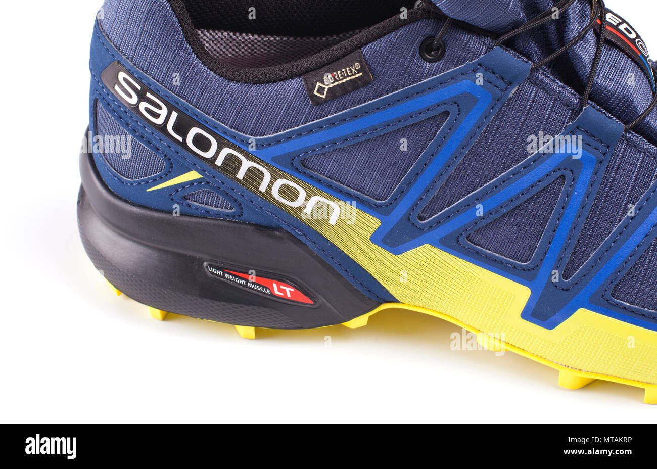 Kyiv, Ukraine, 28 October 2017- Salomon Speedcross 4 GTX sports shoes on  white background. The Salomon Group is a famous sports equipment  manufacturin Stock Photo - Alamy