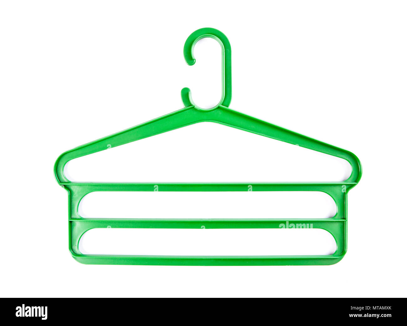 Green plastic hanger for clothes on a white background Stock Photo