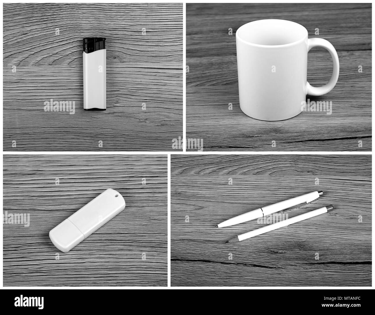 Set of white elements for corporate identity design on wooden background Stock Photo