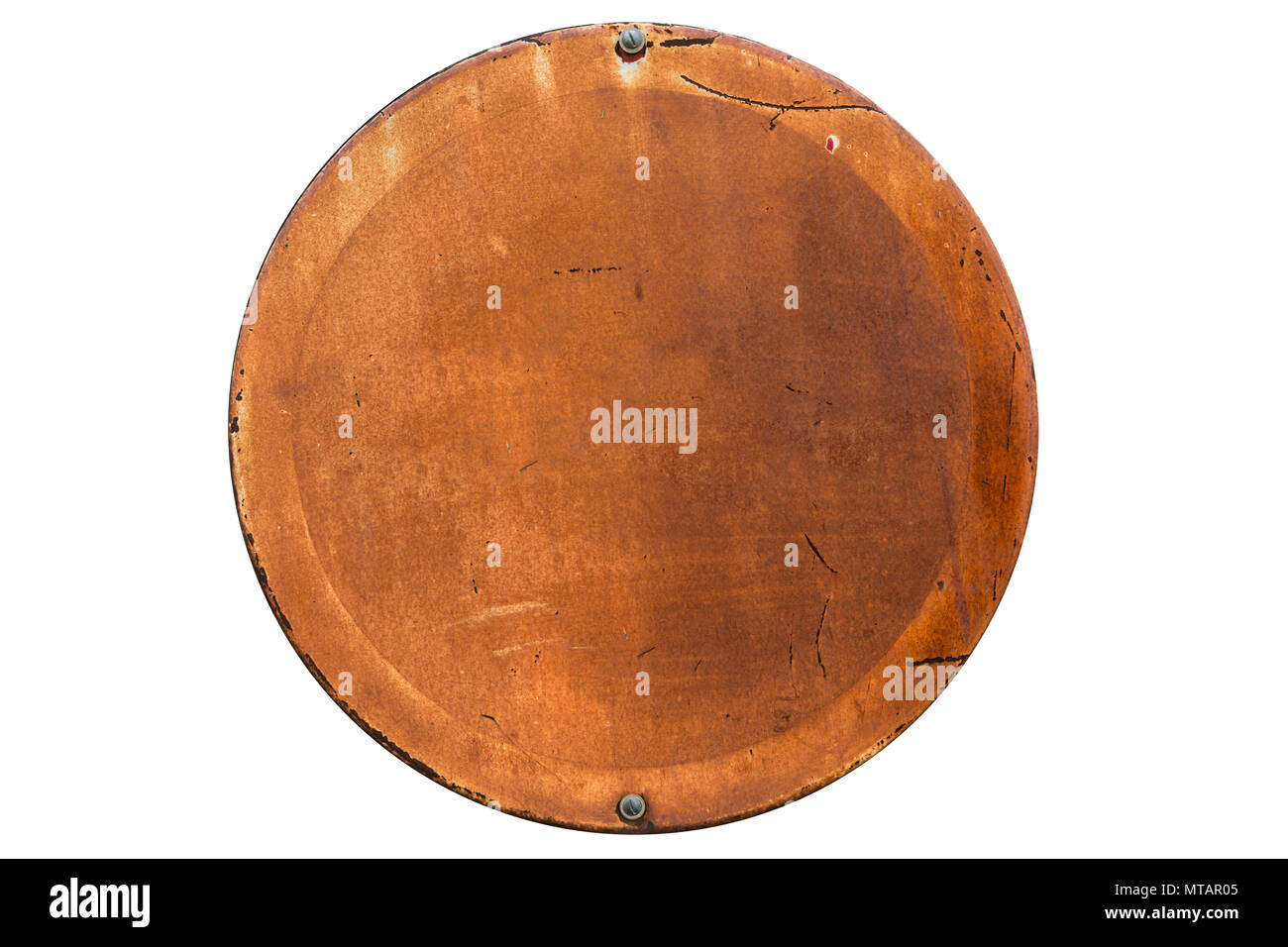 old rusty grunge round shape empty banner isolated on white with clipping path. Stock Photo