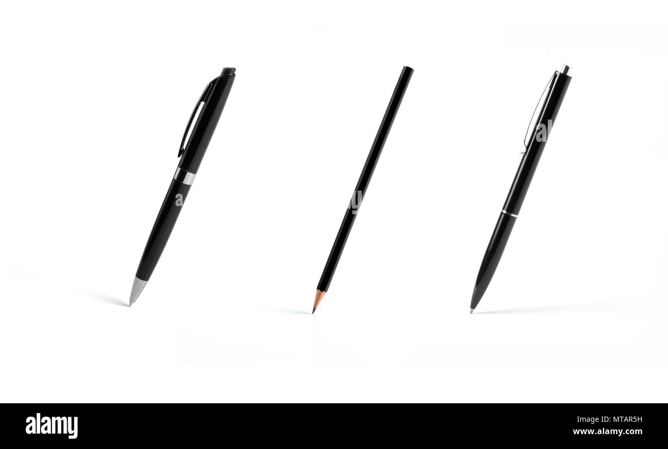 Set of black pens and pencil on white background Stock Photo