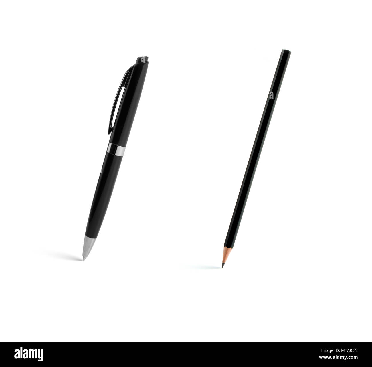 Set of black pens and pencil on white background Stock Photo
