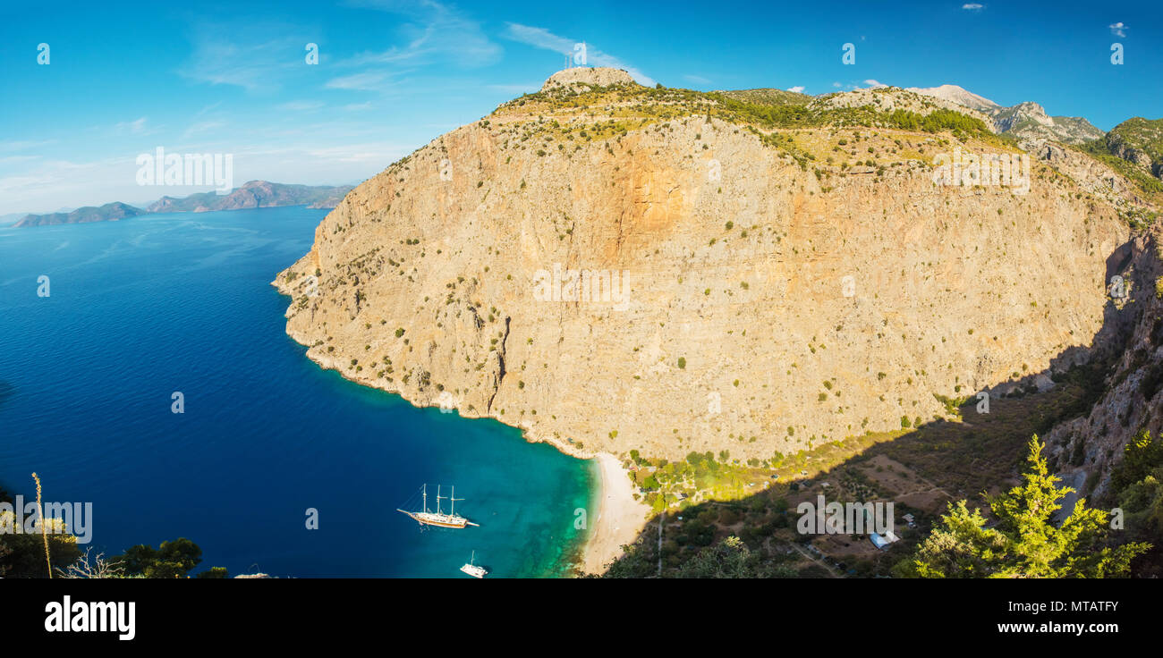 Butterfly valley sea view and boat Oludeniz,Turkey Stock Photo