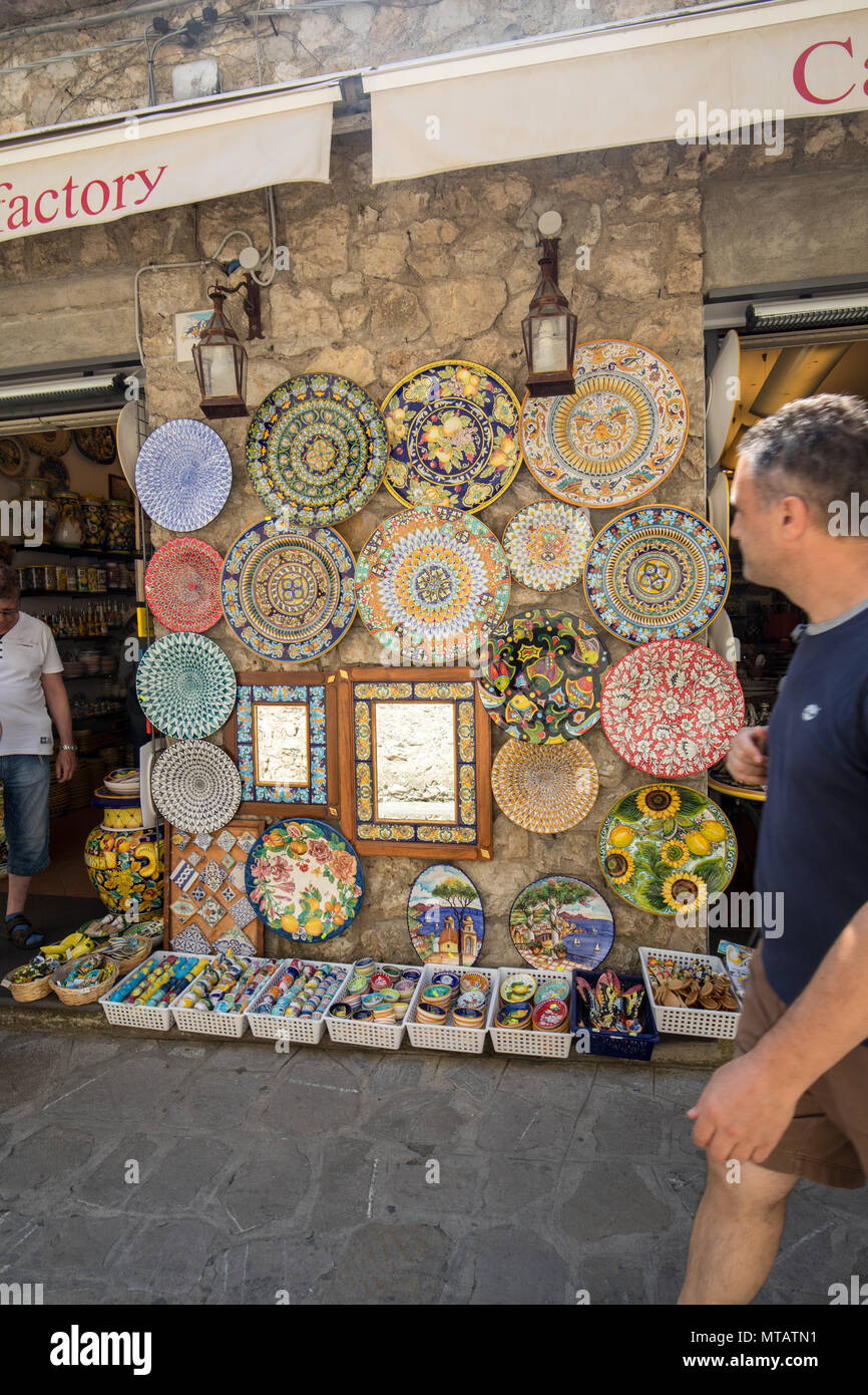 Ravello, Italy - June 16, 2017: Ceramics shop in the main square of Ravello, Campania, Italy Stock Photo