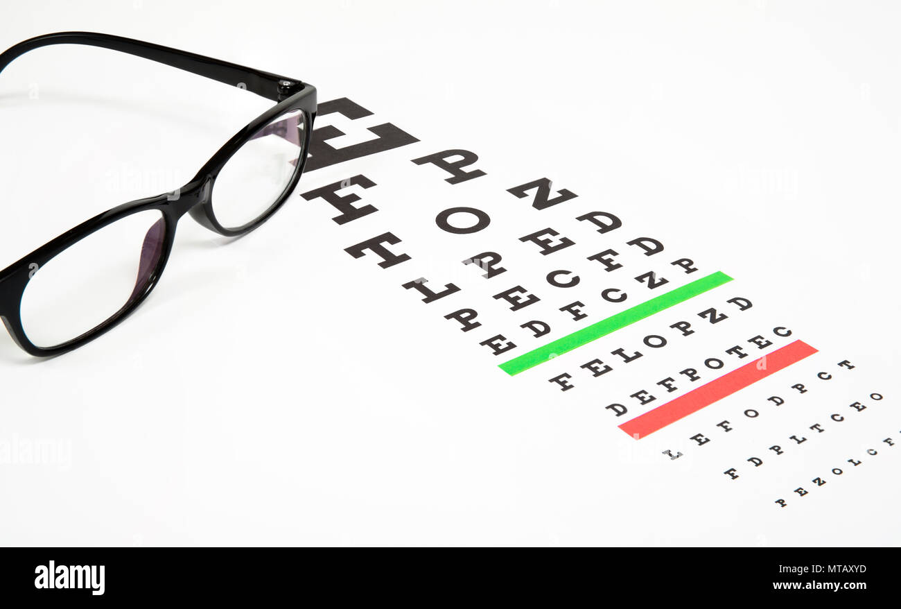 Eye glasses on eyesight test chart background close up. Stock Photo