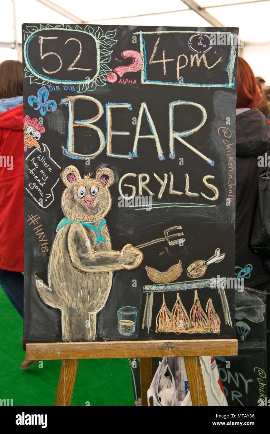 Bear Grylls chalkboard outside the Tata Tent at Hay Festival 2018 Hay-on-Wye Powys Wales UK Stock Photo