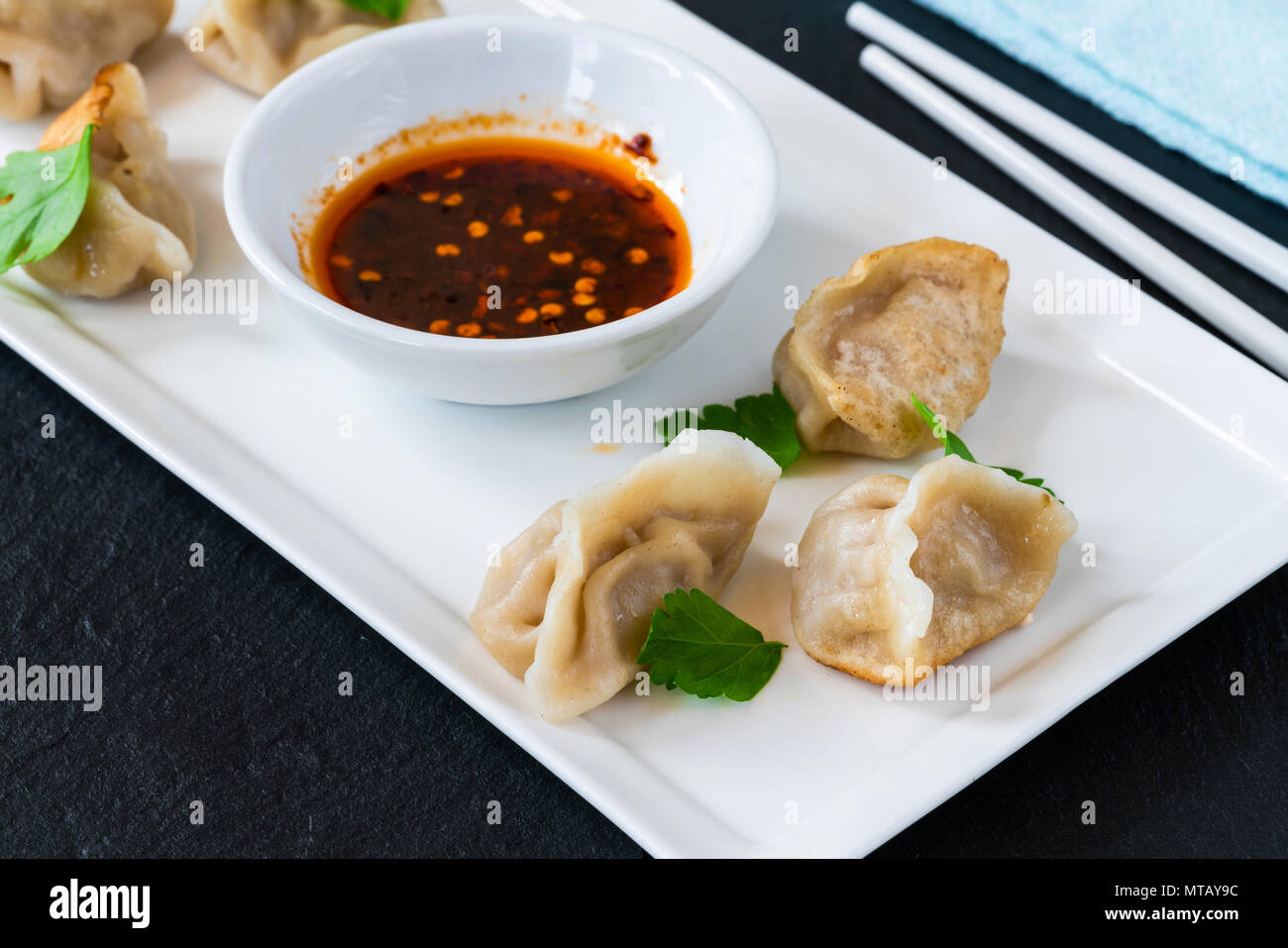 Chinese Pork Dumplings Dim Sum With Sweet Chili Dipping Sauce Stock Photo Alamy