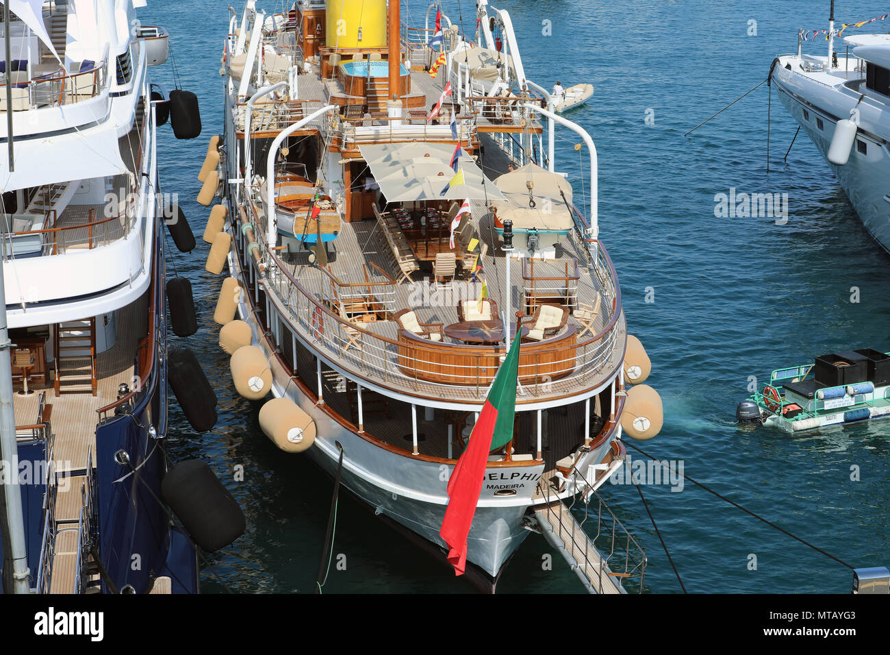 Monte-Carlo; Monaco - May 24; 2018: Rear View of a Vintage Luxury Sailboat In The Monte-Carlo Harbour (Port Hercule). Principality of Monaco, French R Stock Photo