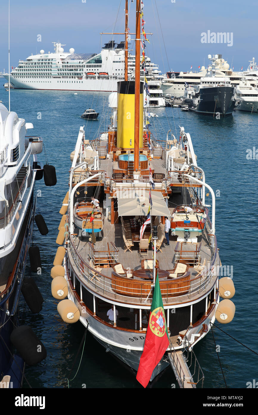 Monte-Carlo; Monaco - May 24; 2018: Rear View of a Vintage Luxury Sailboat In The Monte-Carlo Harbour (Port Hercule). Principality of Monaco, French R Stock Photo