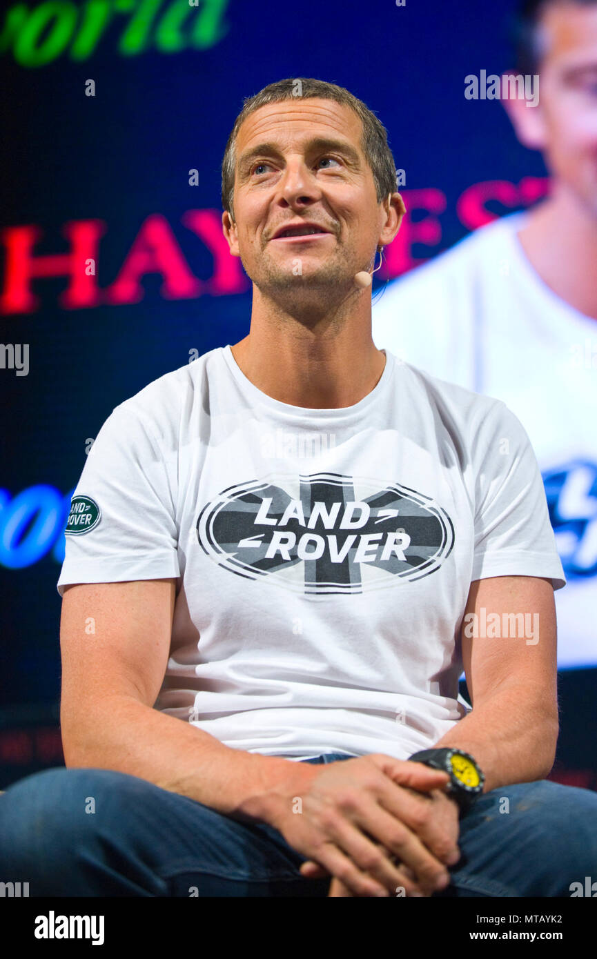 Bear Grylls speaking on stage in the Tata Tent at Hay Festival 2018 Hay-on-Wye Powys Wales UK Stock Photo