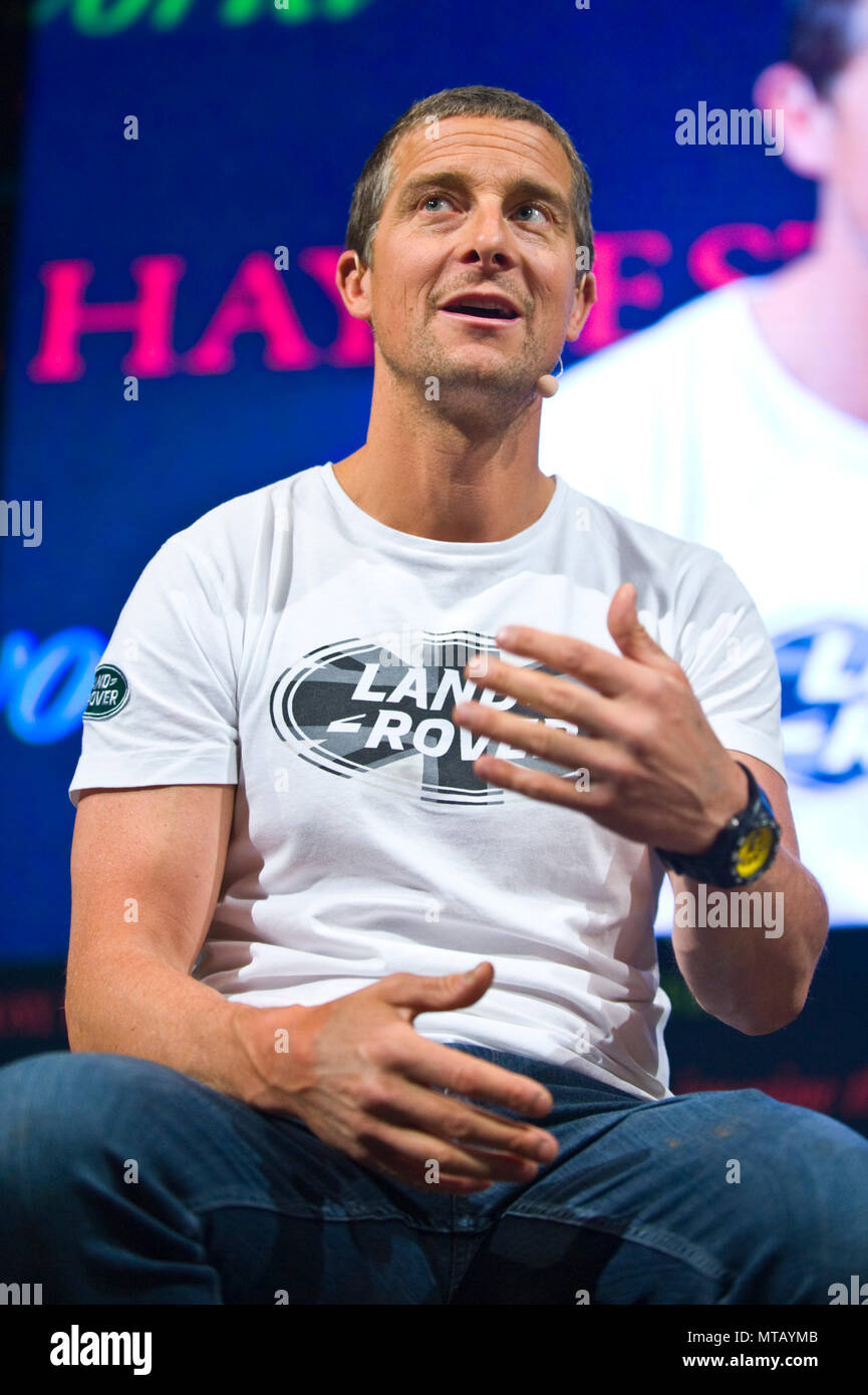 Bear Grylls speaking on stage in the Tata Tent at Hay Festival 2018 Hay-on-Wye Powys Wales UK Stock Photo