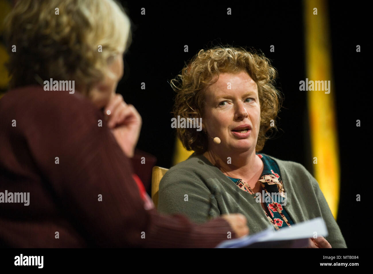 Suzanne O'Sullivan neurologist speaking to Rosie Boycott on stage at Hay Festival 2018 Hay-on-Wye Powys Wales UK Stock Photo