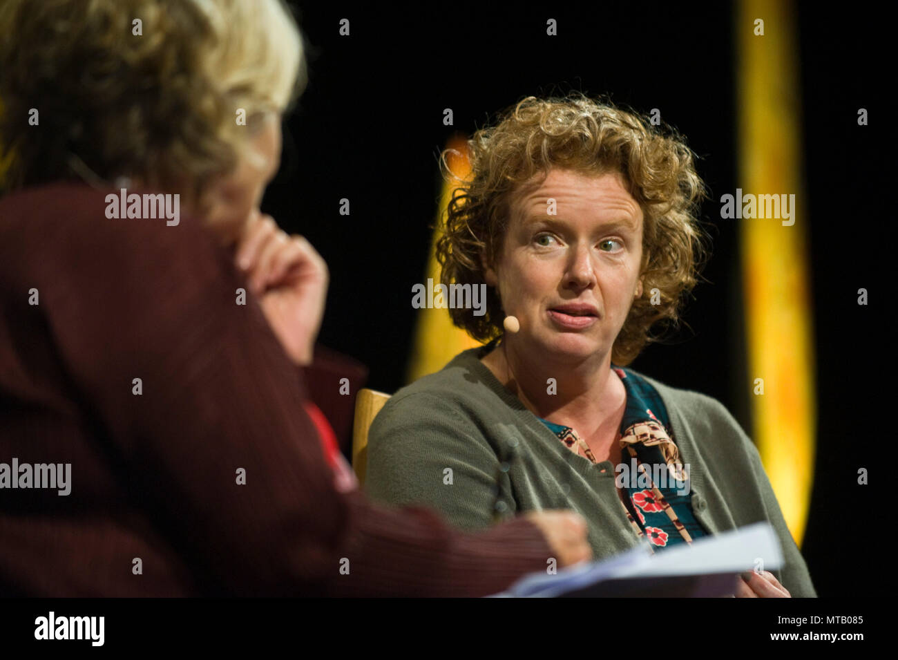 Suzanne O'Sullivan neurologist speaking to Rosie Boycott on stage at Hay Festival 2018 Hay-on-Wye Powys Wales UK Stock Photo