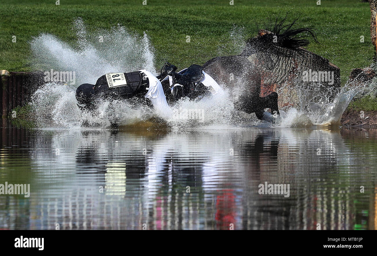 James O'Haire and China Doll fall at The Lake during day four of the  Mitsubishi Motors Badminton Horse Trials at The Badminton Estate,  Gloucestershire. PRESS ASSOCIATION Photo. Picture date: Saturday May 5,