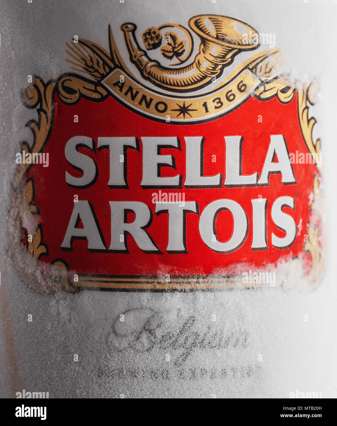 Varna,Bulgaria - May 28, 2018: Alluminium can of Stella Artois beer on white background. Stella Artois has been brewed since 1926 in Belgium. Stock Photo