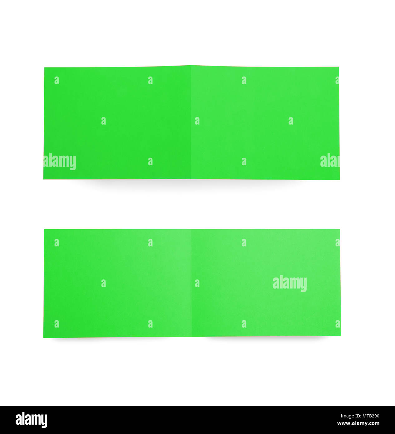 Different point of view of greeting cards on white background. Mockup of blank green cards for advertising and branding Stock Photo