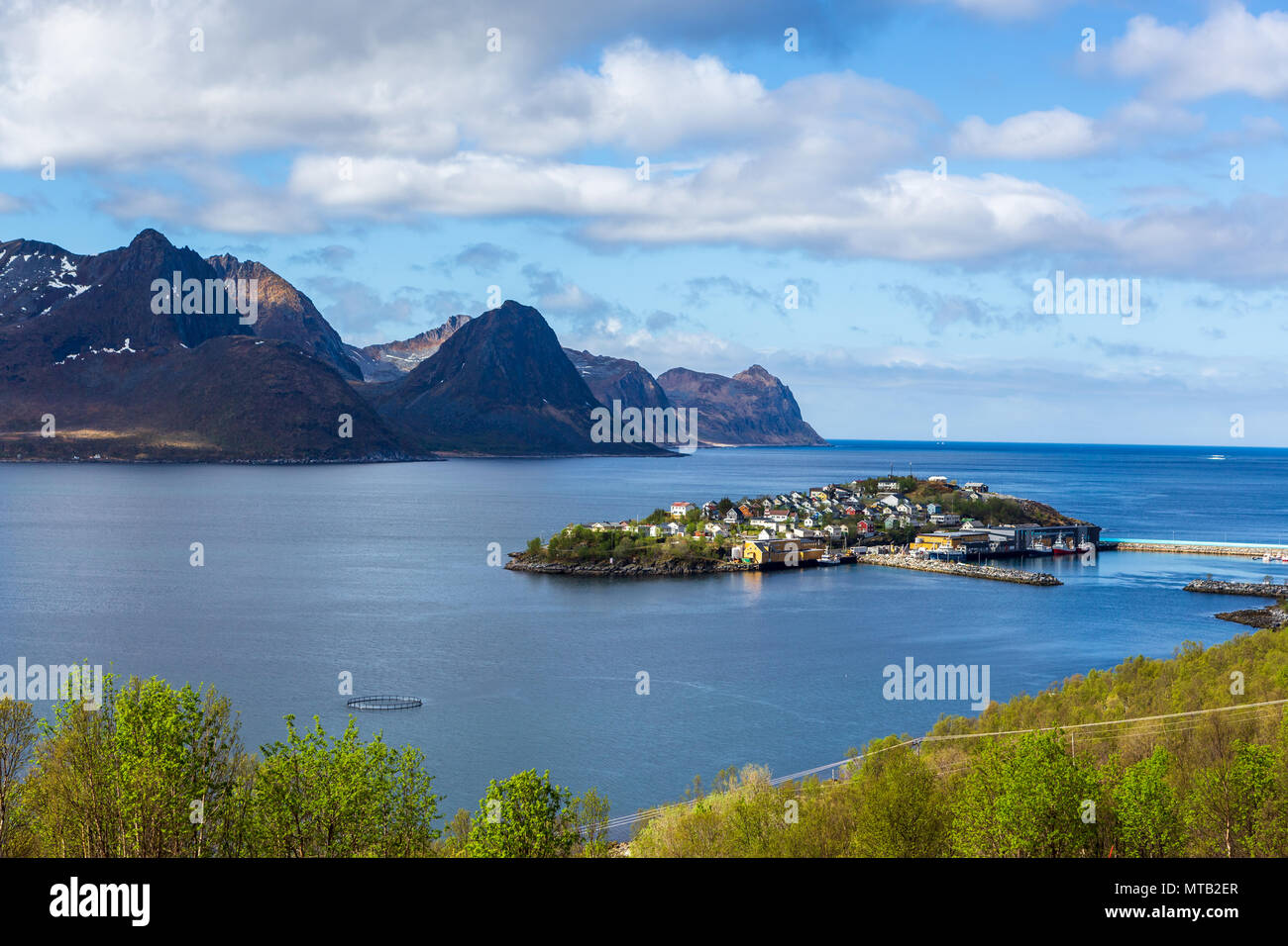 The landscape view of Senja Island with Husoy village in Norway Stock Photo