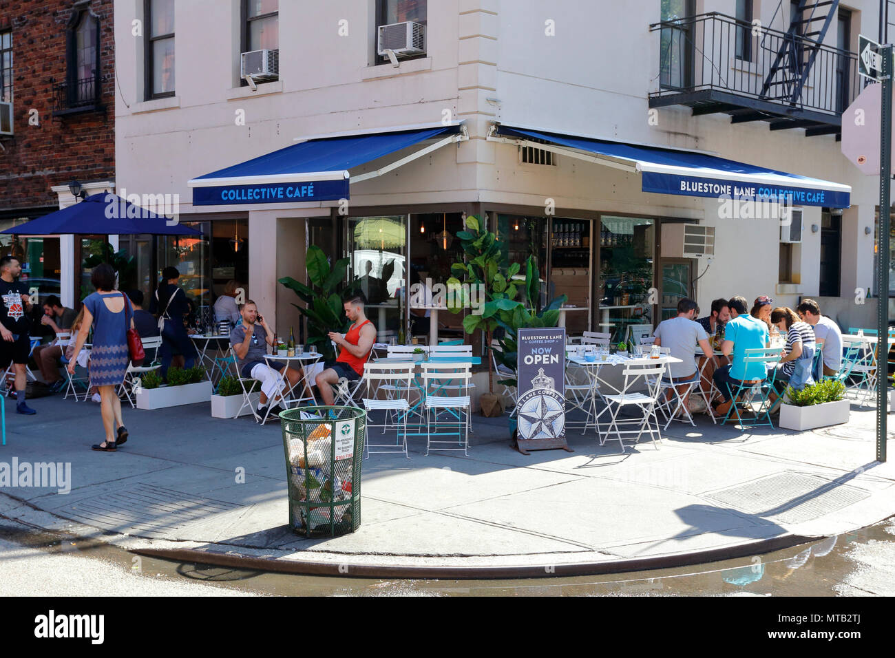 Bluestone Lane, 55 Greenwich Ave, New York, NY. exterior storefront of a trendy sidewalk cafe in the Greenwich Village neighborhood of Manhattan. Stock Photo