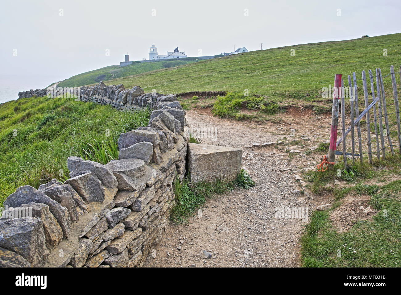 Coastal footpath leading to Anvil Point lighthouse at Durlston Head near Swanage, Isle of Purbeck, Dorset, UK Stock Photo