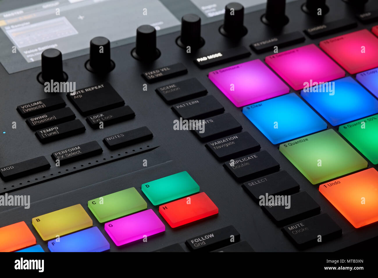 Close up view of professional studio sound recording device with colorful buttons and knobs Stock Photo