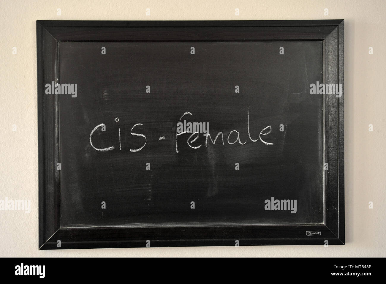 cis female written in a white chalk on a wall mounted blackboard Stock Photo