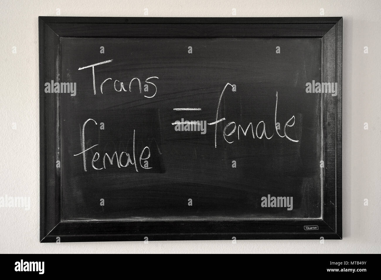 Trans female = female written in a white chalk on a wall mounted blackboard Stock Photo