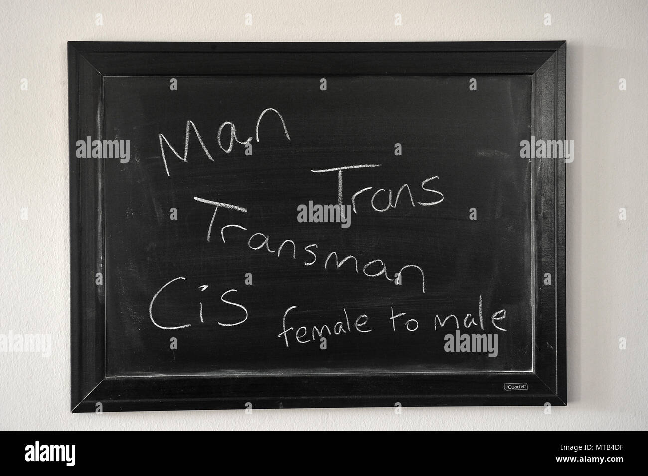 man, trans, transman, cis, female to male written in a white chalk on a wall mounted blackboard Stock Photo