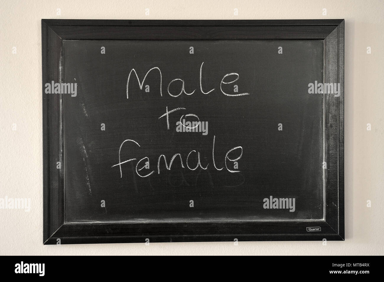 male to female written in a white chalk on a wall mounted blackboard Stock Photo
