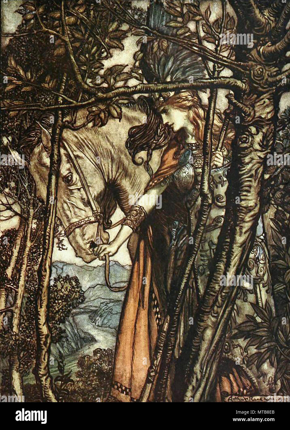 Rackham Arthur - the Ring of the Nibelung 24 - Brunnhilde Slowly and Silently Leads Her Horse down the Path to the Cave Stock Photo