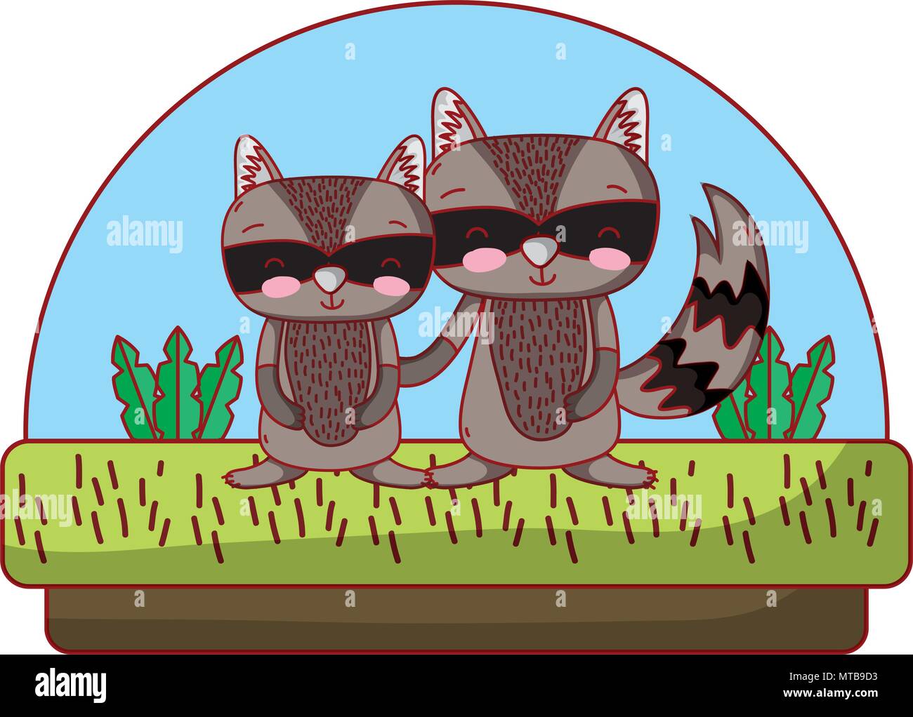 cute couple raccoon in the countryside and plants Stock Vector Image ...